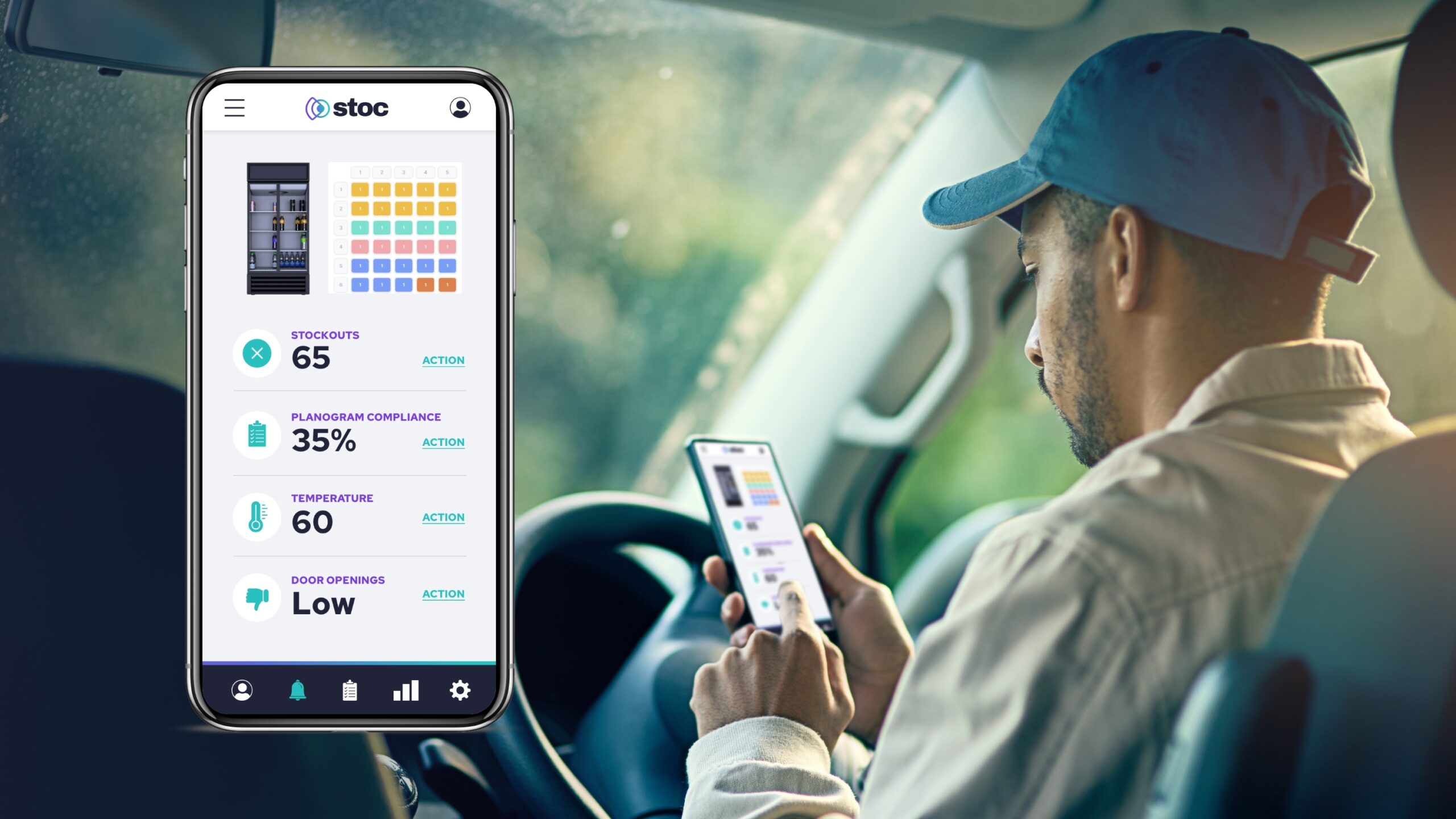 A delivery driver checking his Stoc app