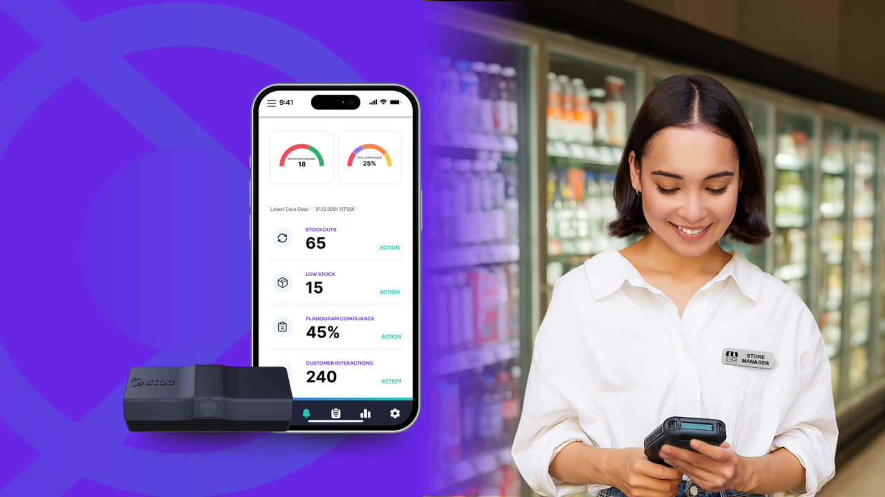 A smiling store manager uses a handheld device in front of beverage coolers while Stoc’s smart sensor and mobile dashboard display real-time stockouts, low stock, and planogram compliance data.