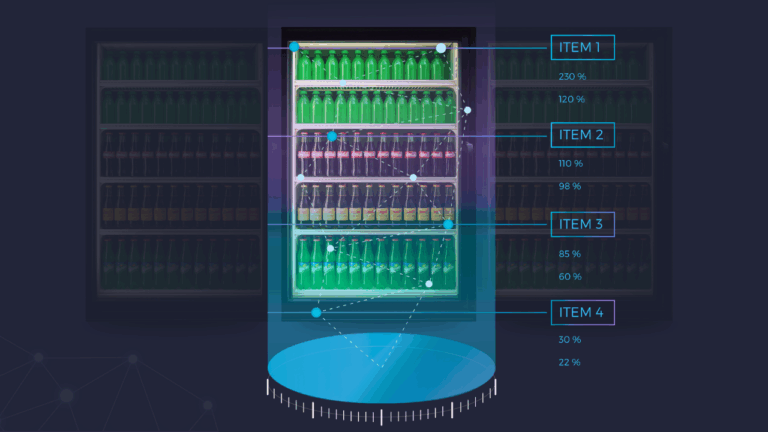 A beverage cooler analyzed by Stoc’s AI, showing item-level performance data and planogram metrics like sales percentages and shelf compliance through visual overlays.