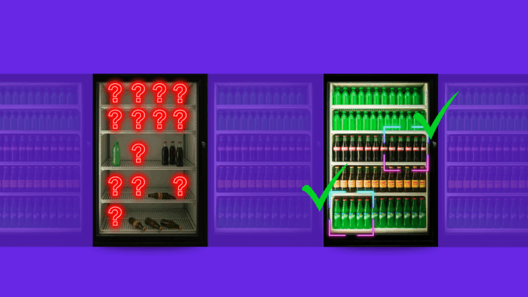 Side-by-side coolers showing empty shelves with question marks versus a fully stocked, organized cooler verified with green check marks—illustrating how Stoc’s AI ensures product visibility and perfect shelf execution.