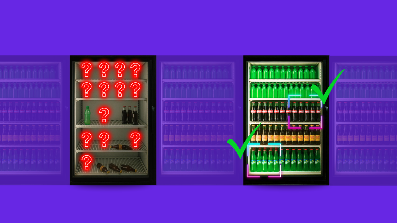 Side-by-side coolers showing empty shelves with question marks versus a fully stocked, organized cooler verified with green check marks—illustrating how Stoc’s AI ensures product visibility and perfect shelf execution.