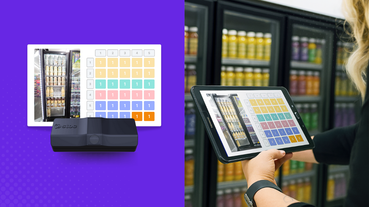 A field merchandiser uses the Stoc tablet app to review cooler planogram data, powered by Stoc’s smart camera that detects product placement and stock levels in real time.