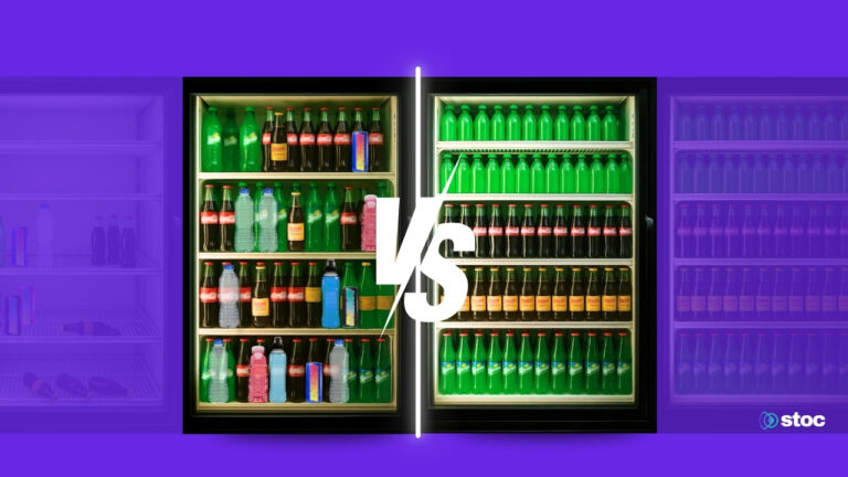 Comparison of unorganized and optimized beverage coolers under the title ‘From Data to Display: How AI Merchandising Optimization Works,’ illustrating how Stoc’s AI improves shelf layouts and product visibility.