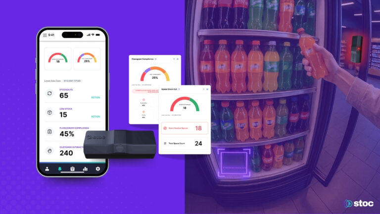 Dashboard and cooler analytics visuals showing Stoc’s smart cooler technology combining data from sales and planogram compliance to deliver real-time insights.