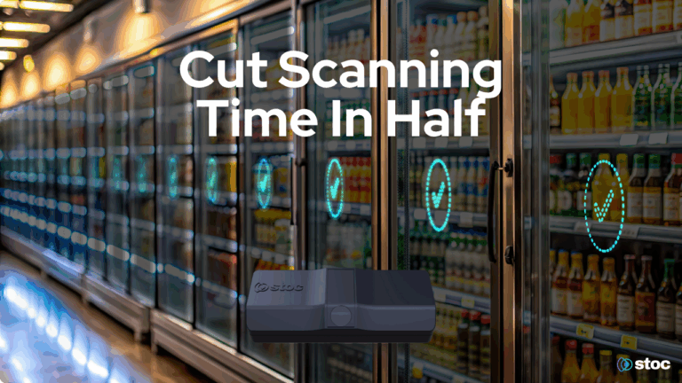 Refrigerated beverage aisle with glass cooler doors, each displaying glowing digital check-mark icons to show verified shelves. Large white text reads 'Cut Scanning Time In Half.' At the bottom center, a Stoc AI Retail Agent device is showcased in front of the coolers, and the Stoc logo appears in the lower right corner.