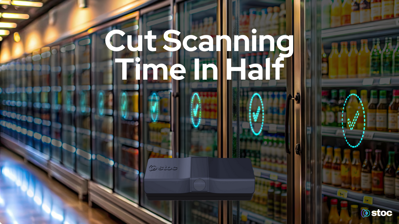 Refrigerated beverage aisle with glass cooler doors, each displaying glowing digital check-mark icons to show verified shelves. Large white text reads 'Cut Scanning Time In Half.' At the bottom center, a Stoc AI Retail Agent device is showcased in front of the coolers, and the Stoc logo appears in the lower right corner.