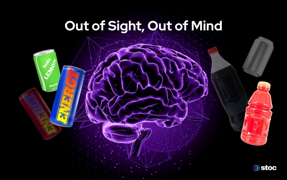 Illustration of a glowing brain surrounded by energy drinks and bottled beverages with the headline ‘Out of Sight, Out of Mind,’ representing missed beverage sales and lack of retail visibility.