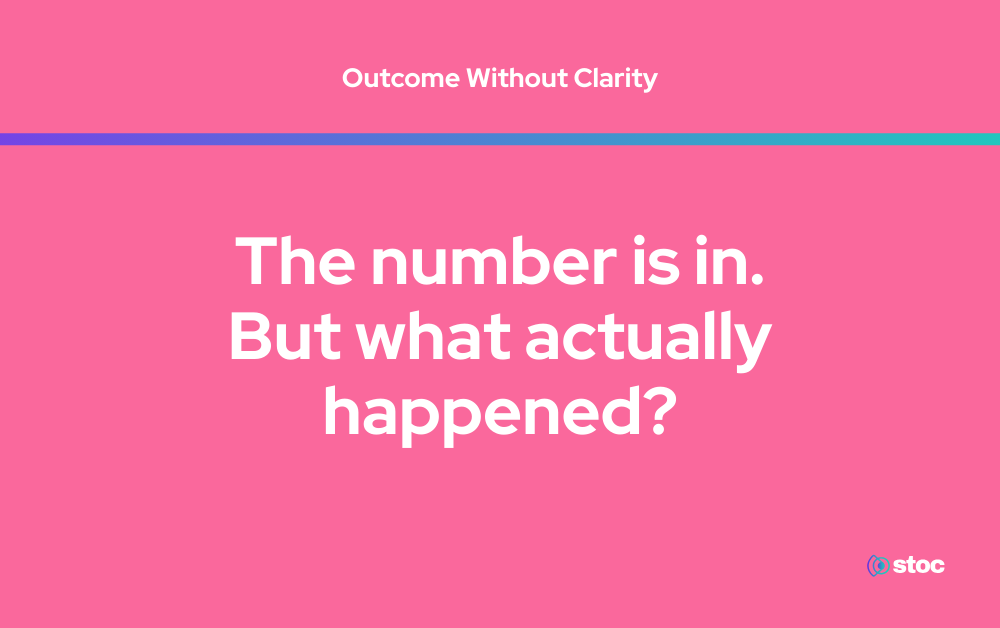 Graphic representing Outcome Without Clarity in stadium fan experience optimization when sales results lack operational insight.