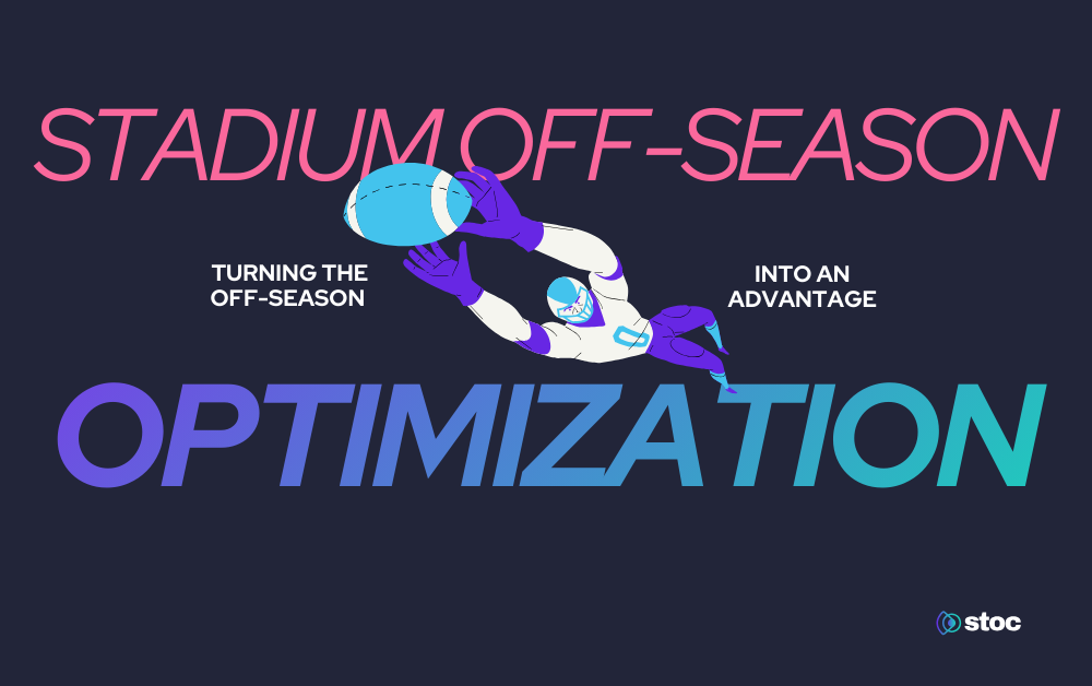 Illustration of a football player catching a ball with the headline “Stadium Off-Season Optimization – Turning the Off-Season Into an Advantage” for a sports venue operations strategy blog.